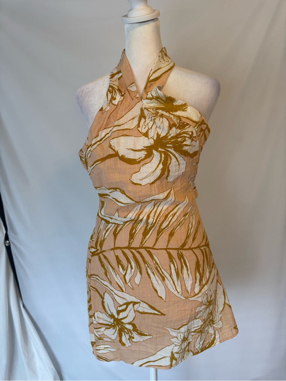 Hello Molly Peach Floral Halter Mini Dress - White & Mustard Floral, Halter Neck